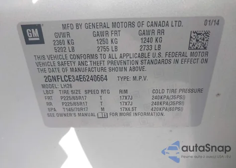 2014 Chevrolet Equinox 2Lt from USA, damaged, VIN 2GNFLCE34E6240664